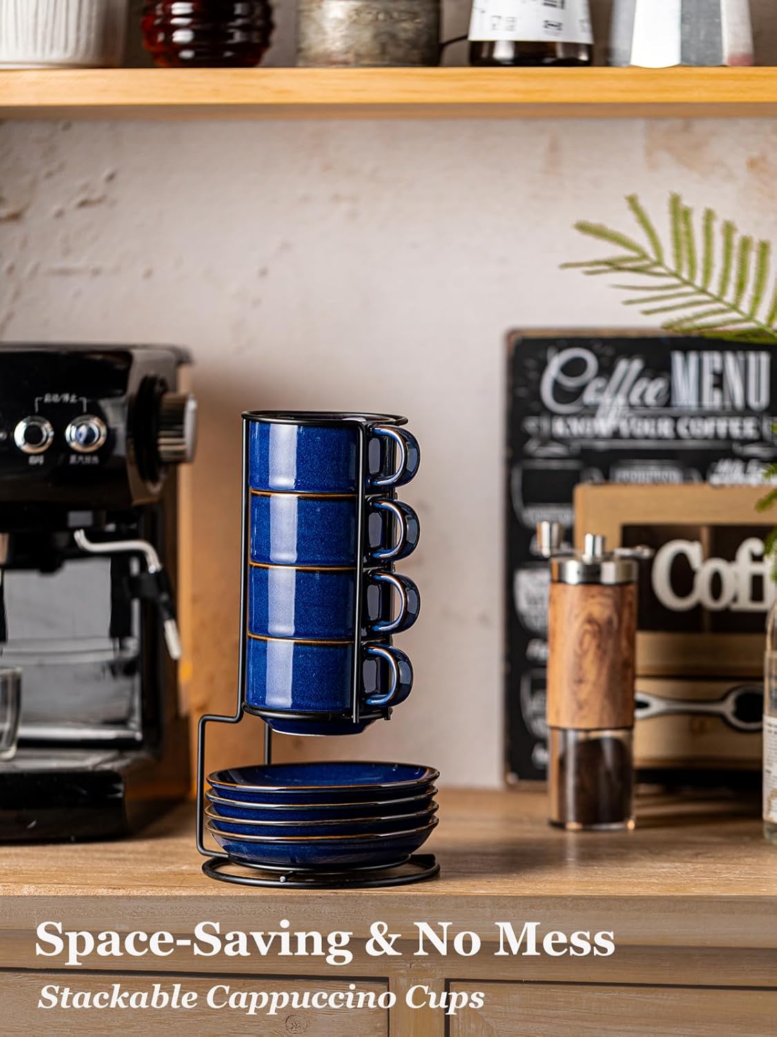 Gomakren 6 Ounce Cappuccino Cups with Saucers and Metal Stand, Stackable Coffee Cup Set of 4, Porcelain Espresso Cups for Coffee Drinks, Cappuccino, Latte, Americano, Tea, Cobalt Blue