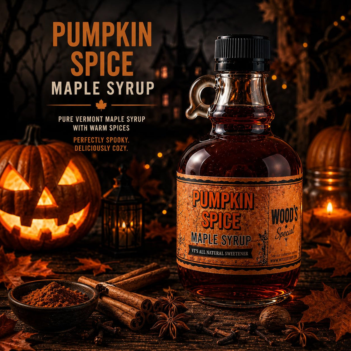 WOOD'S Pumpkin Spice Maple Syrup – Small-Batch Vermont Maple Syrup Infused with Cozy Fall Spices | Natural, Vegan Sweetener for Coffee, Pancakes, Baking &amp; More | 8.45 Fl Oz (250mL)