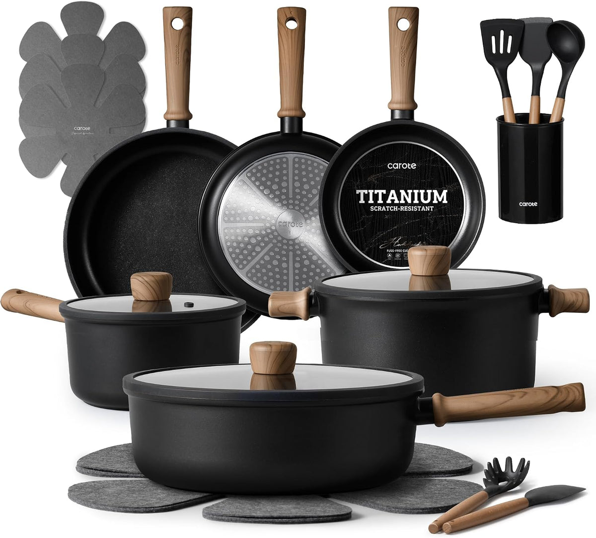 CAROTE Nonstick Pots and Pans, Induction Cookware Set Kitchen Cooking Sets, Non Stick w/Frying Pan (PFOS, PFOA Free), Black, 16pcs