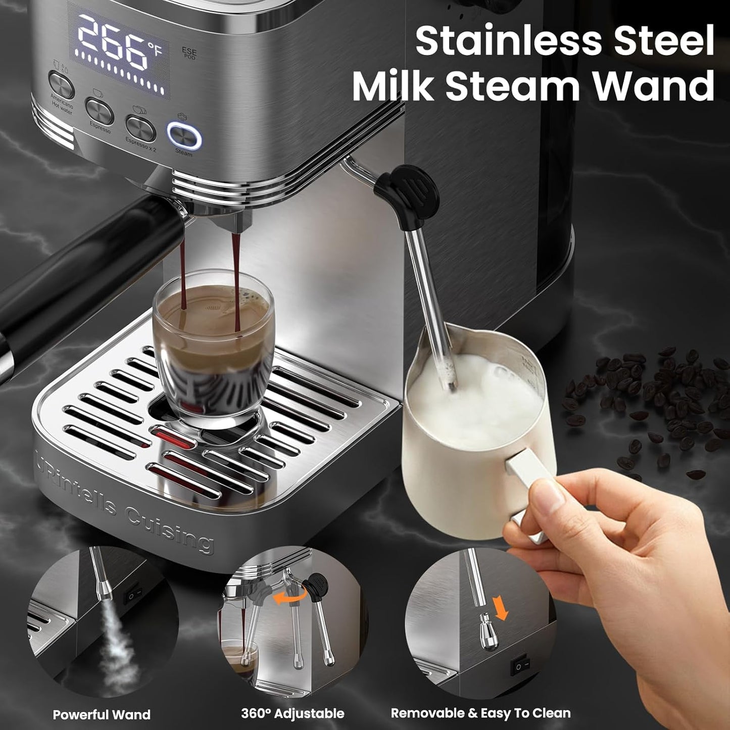 Espresso Machine 20 Bar Temperature Control LED Display Expresso Machine for Home with Steam Milk Frother for Cappuccino Latte Stainless Steel