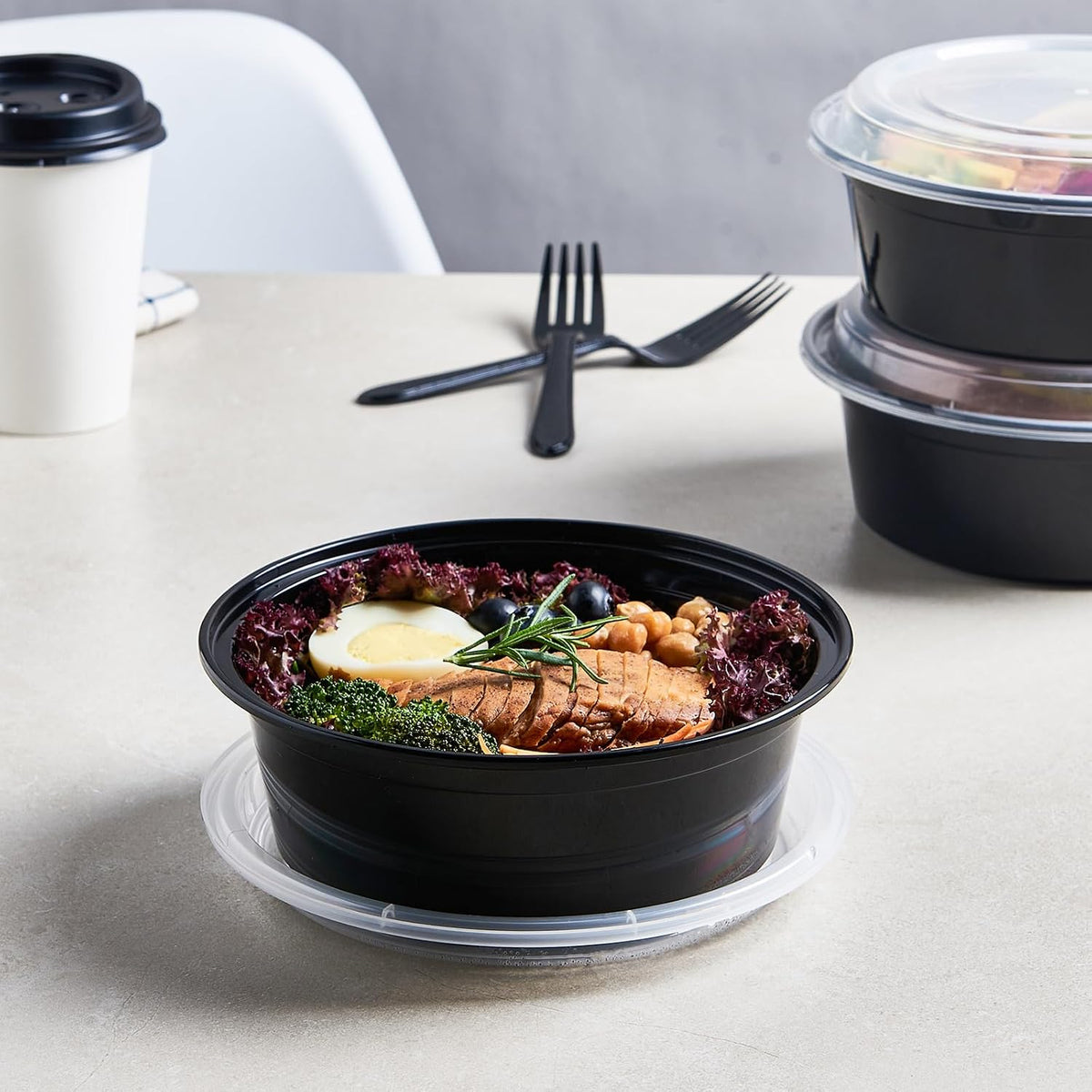 FULING 32 oz 50 ct Round Meal Prep Containers with Lids Plastic Food Storage Lunch Plan To Go Box Disposable Take Out Bowls Black BPA Free Reusable Durable Stackable Microwave Freezer Dishwasher Safe
