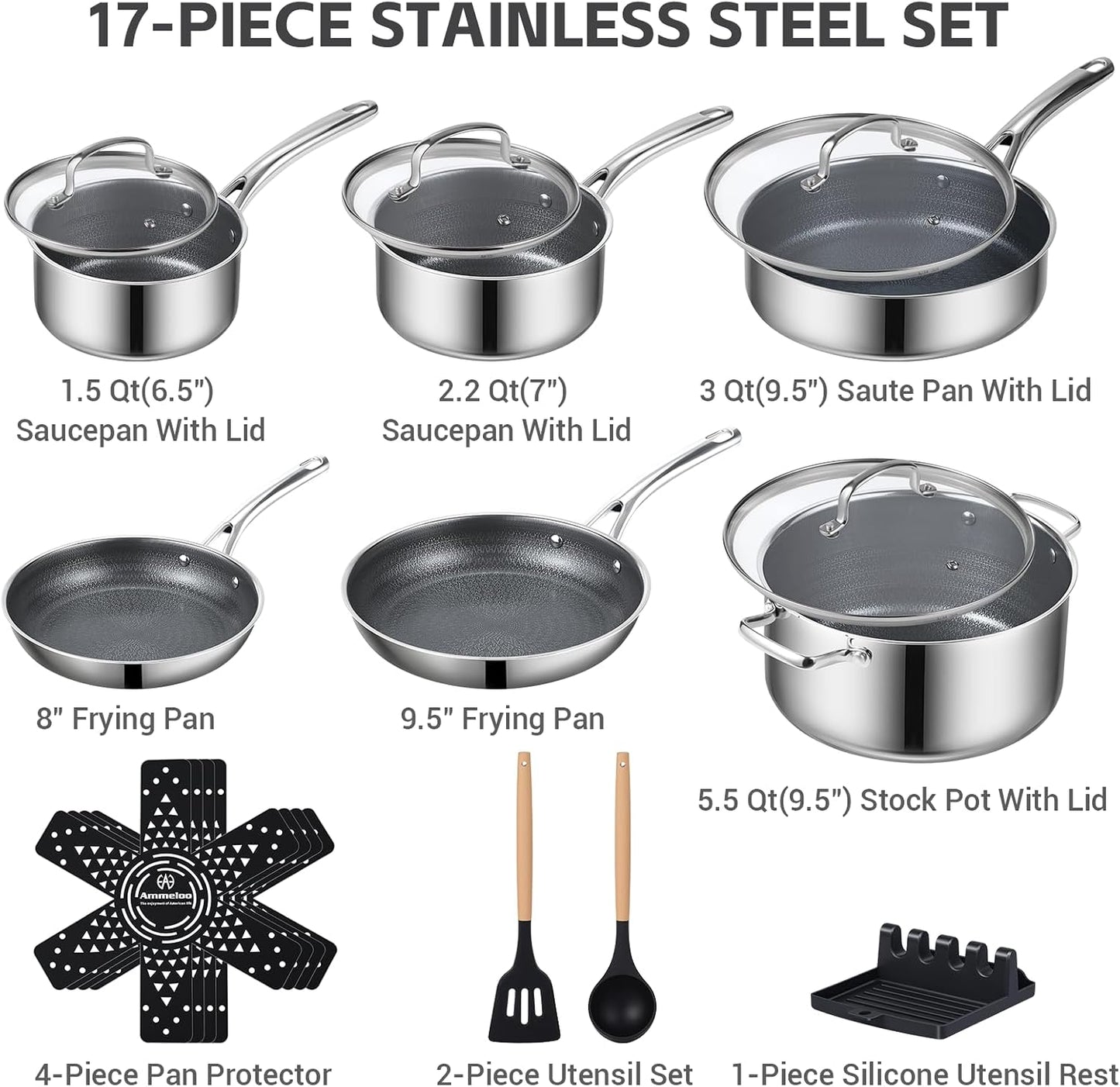 Hybrid Stainless Steel Cookware Set, 17-Piece Tri-Ply Pots and Pans Set Non Stick, Induction Kitchen Cookware Sets, Dish