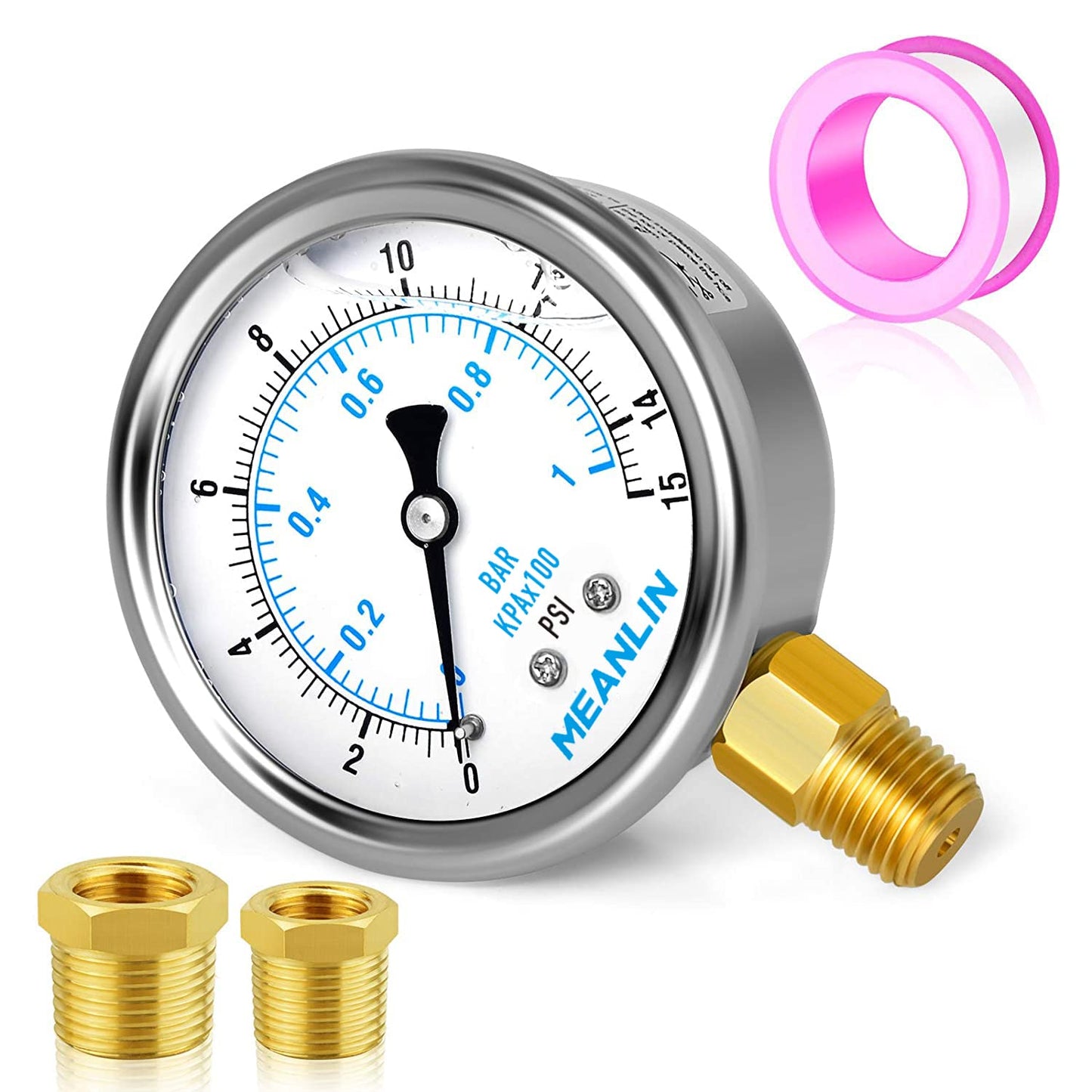 MEANLIN MEASURE 0~15Psi Stainless Steel 1/4" NPT 2.5" FACE DIAL Liquid Filled Pressure Gauge WOG Water Oil Lower Mount, with 1/2" NPT and 3/8" NPT Hex Bushing