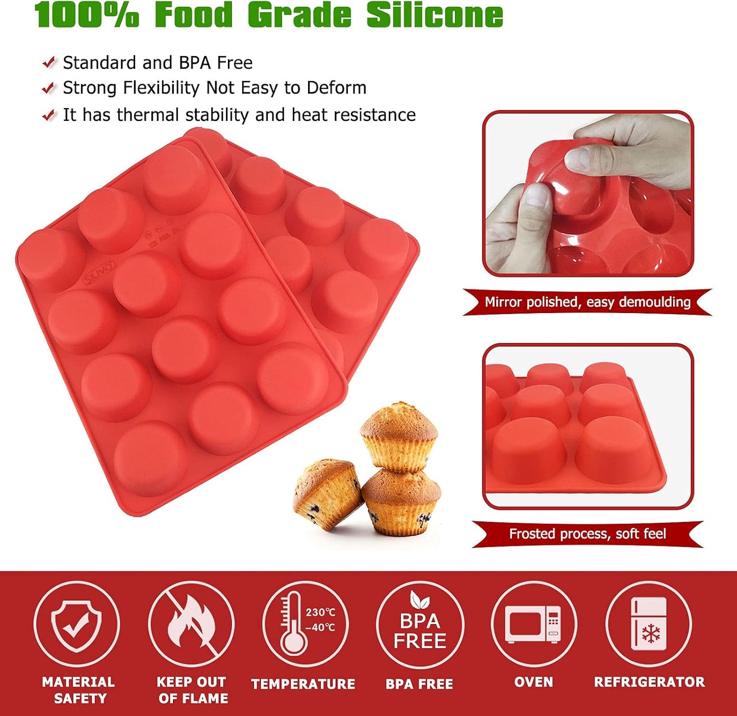 2 Pack Silicone Muffin Pans,12 Cup Nonstick Silicone Cupcake Pan