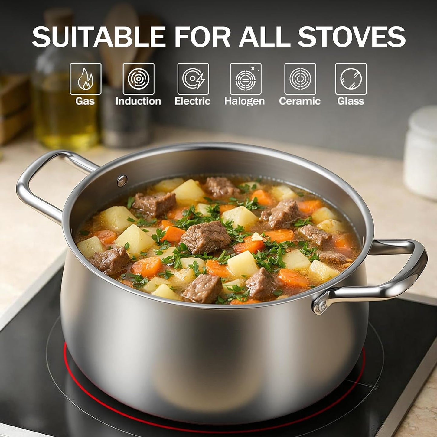 Tifanso 8QT Tri-Ply Stainless Steel Induction Stock Pot with Lid | Heavy Duty Nonstick Build, Great for Soup Pasta Canni