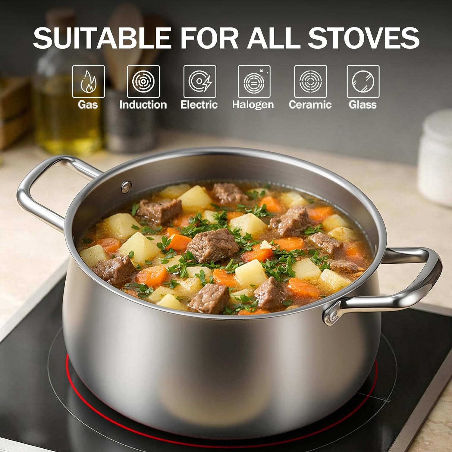 Tifanso 8QT Tri-Ply Stainless Steel Induction Stock Pot with Lid | Heavy Duty Nonstick Build, Great for Soup Pasta Canni
