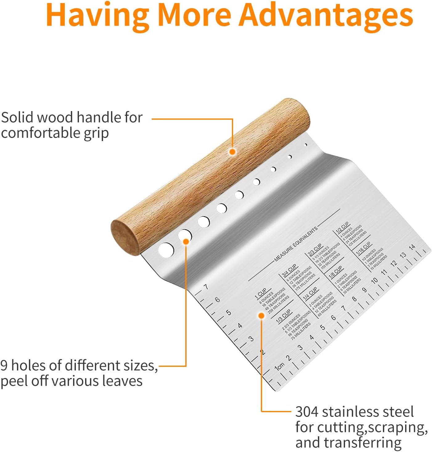 ALLTOP Dough Bench Scraper/Cutter/Chopper, 1 Pack | Stainless Steel Blade, Herb Stripper, Scale Ruler, Leaf Remover
