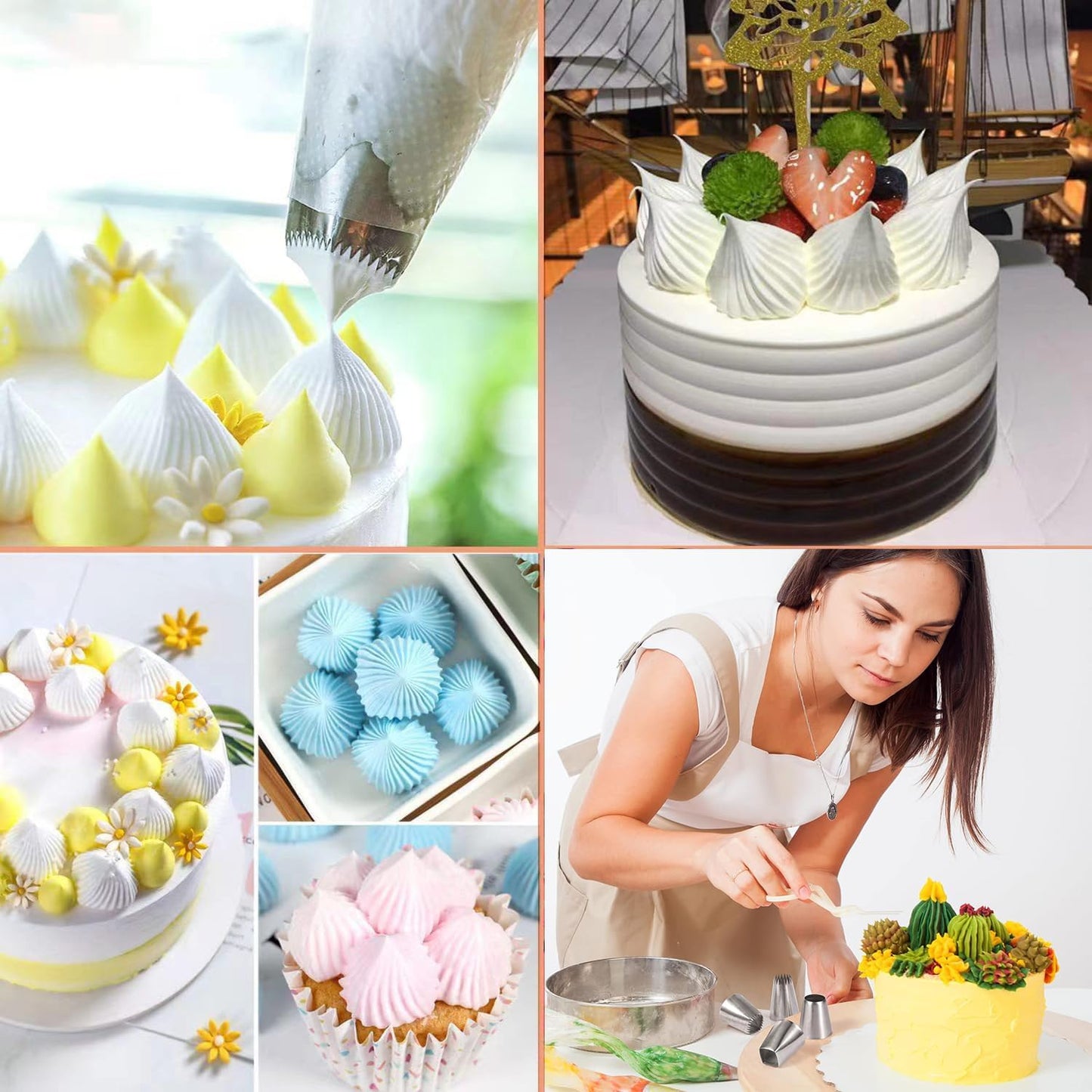 4PCS Extra Large Piping Tips Set, Stainless Steel Jumbo Icing Tips (F02 F06 9FT R22L) Round Star Square Wide for Cake Cupcake Cookie Eclair Churro Meringue