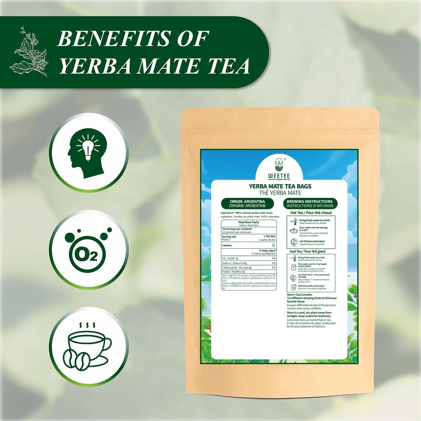 WT WEETEE Yerba Mate Tea Bags 50 Count, Unsmoked, Corn Fiber Pyramid Bags | 100% Natural Yerba Mate from Argentina | Smooth, Robust &amp; Balanced Flavor Perfect Coffee Replacement, Hot or Iced