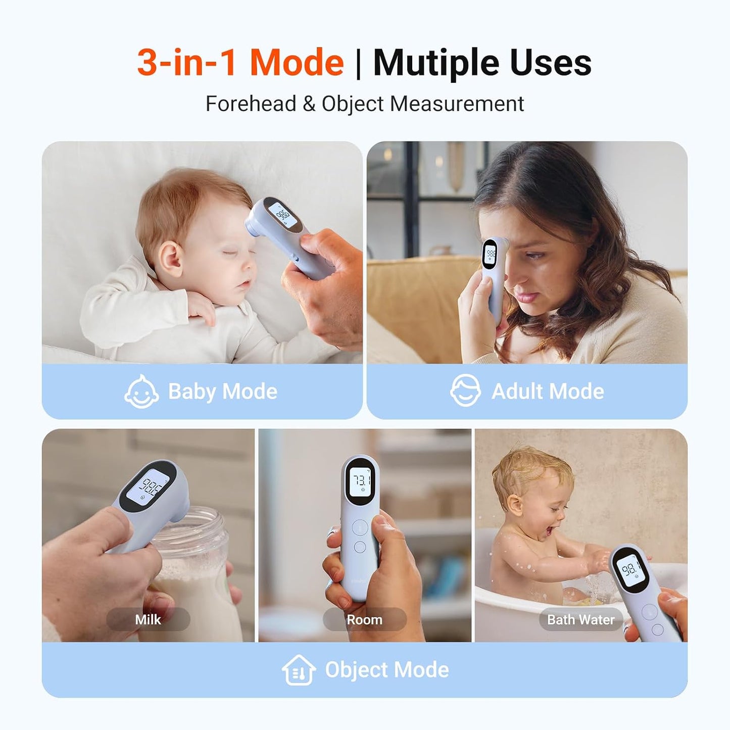 iHealth Infrared Digital Thermometer for Adults, Kids, Baby PT9L Blue | 3-in-1 Mode &amp; 3-Color Prompt, Fever Alarm &amp; Silent Mode, Forehead &amp; Object Detection, 40 Memory Storages