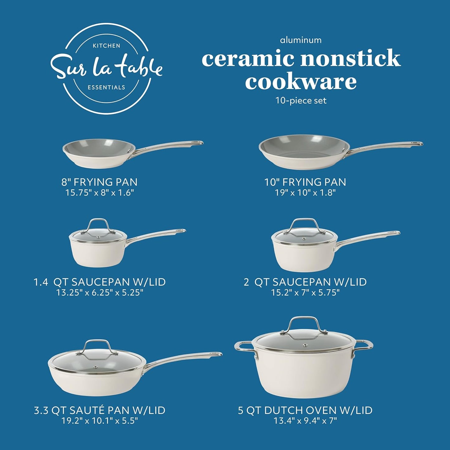 Sur La Table Kitchen Essentials 10 Piece PFA Free Non-Toxic Titanium Ceramic Nonstick Interior Forged Aluminum Cookware