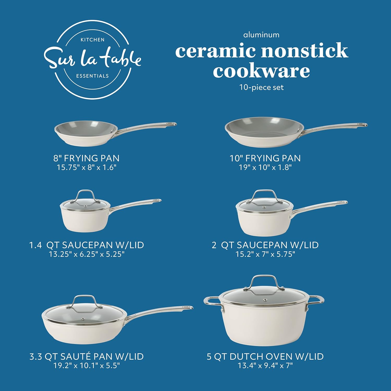 Sur La Table Kitchen Essentials 10 Piece PFA Free Non-Toxic Titanium Ceramic Nonstick Interior Forged Aluminum Cookware