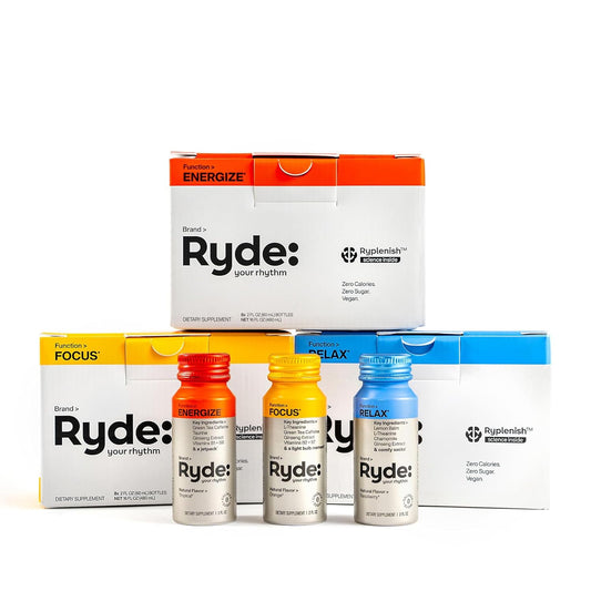 Ryde: Discovery Pack | Energize, Focus & Relax Shots | Green Tea Caffeine, Taurine, Ginseng, B Vitamins, L-Theanine, Lemon