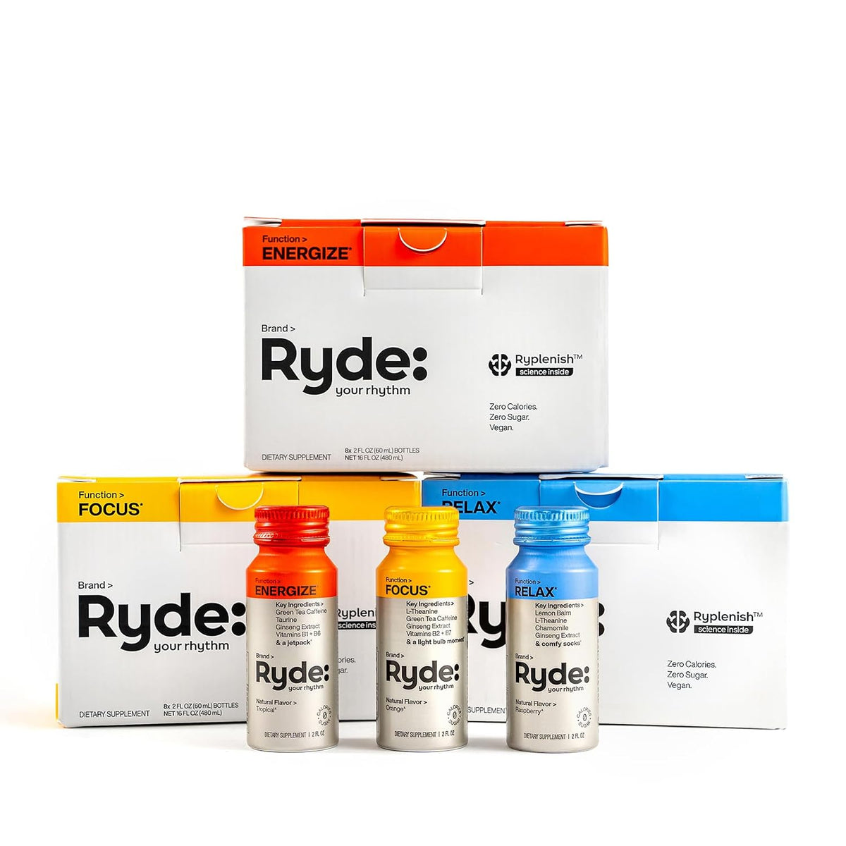 RYDE Variety Shots, Tropical, Orange &amp; Raspberry Flavors, 24 Pack | energy and focus support; calm support; three-flavor assortment; daily wellness supply; vegan zero calorie