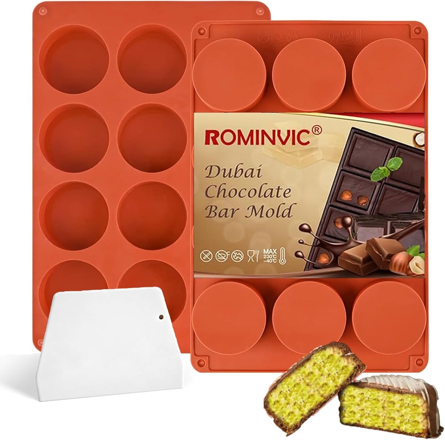 Chocolate Molds,2Pcs Dubai Chocolate Mold and Scraper for Stuffed Bar,Deep Round Fix Chocolate Candy