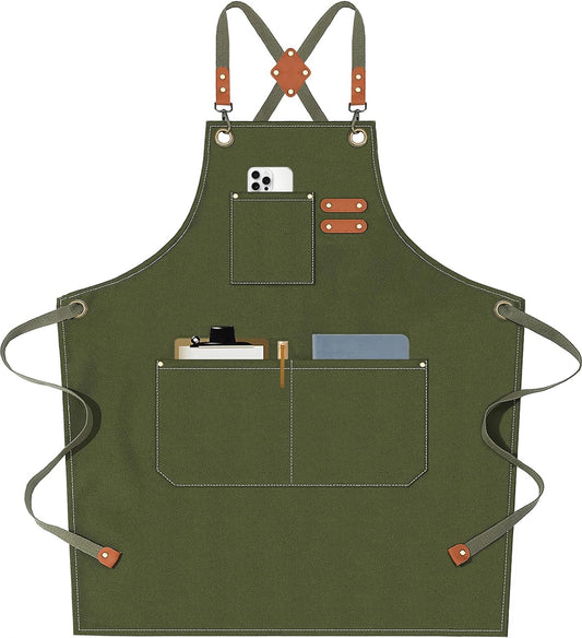 AFUN Chef Aprons for Men Women with Large Pockets, Cotton Canvas Cross Back Heavy Duty Adjustable Work Apron, Size M to XXL