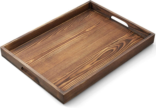 17 Inch Burnt Wood Serving Tray with Handles, Large Wooden Tray for Ottoman, Breakfast in Bed, Coffee Table, Dinner,