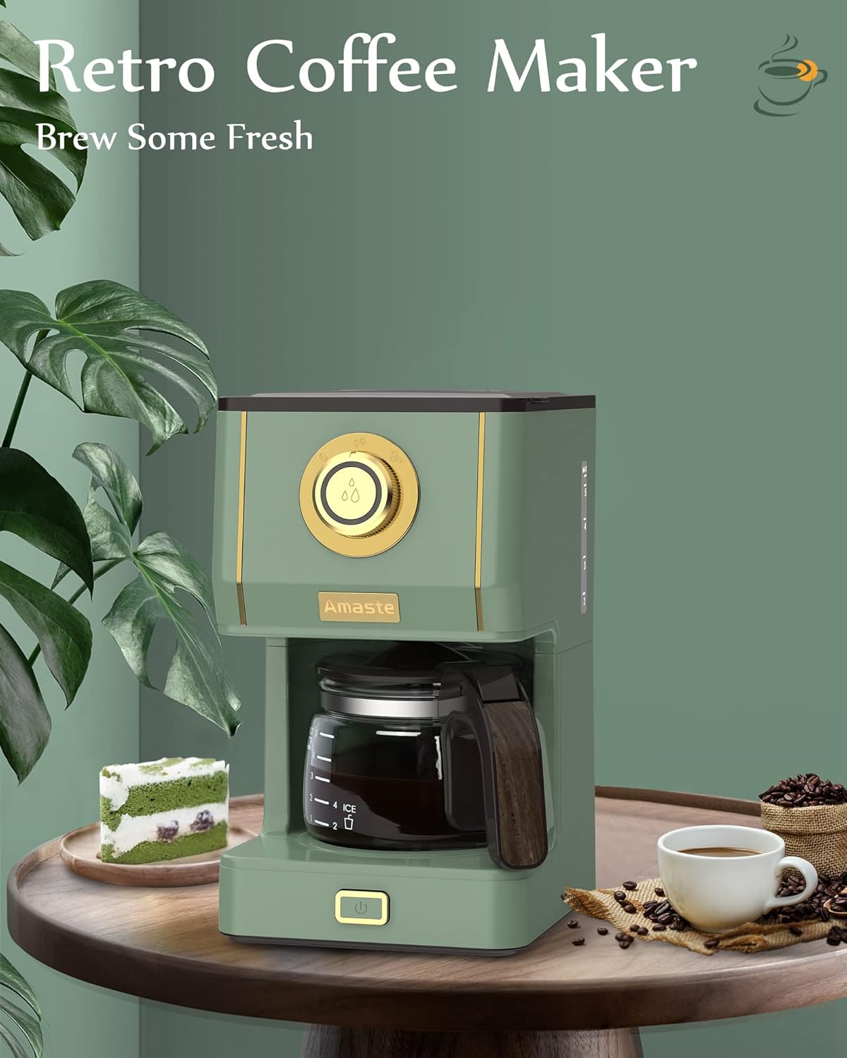 Amaste Drip Coffee Maker, Coffee Machine with 25 Oz Glass Coffee Pot, Retro Style Coffee Maker with Reusable Filter & Three Brewing Modes, 30minute-Warm-Keeping, Matcha Green