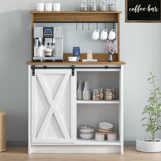 Farmhouse Coffee Bar with Hutch, White Coffee Bar Cabinet with Storage Sliding Barn Door, 31 Inch Buffet Cabinet with 6