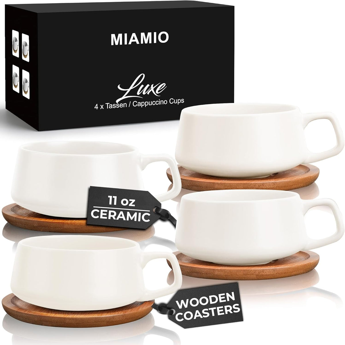 MIAMIO – 11 Oz., Set of 4 Ceramic Tea Cup and Saucer Bamboo/Tea Mug - Wide Cappuccino Cup, Coffee Cups Ceramic Mug for Cappuccino, Latte, Espresso & Americano - Luxe Collection (White)