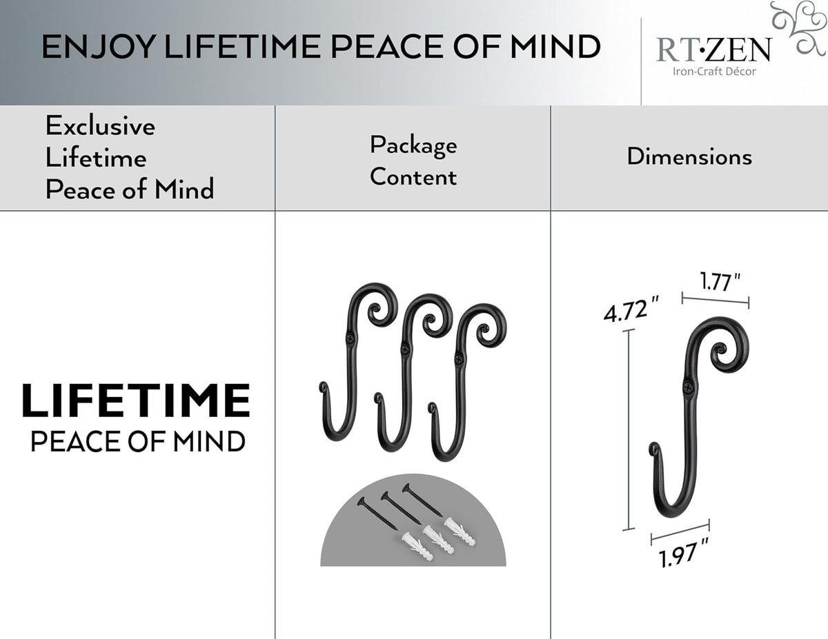 RTZEN Classic Farmhouse Wall Mount Multi-Use Wrought Iron Hook Set (3 Pack)