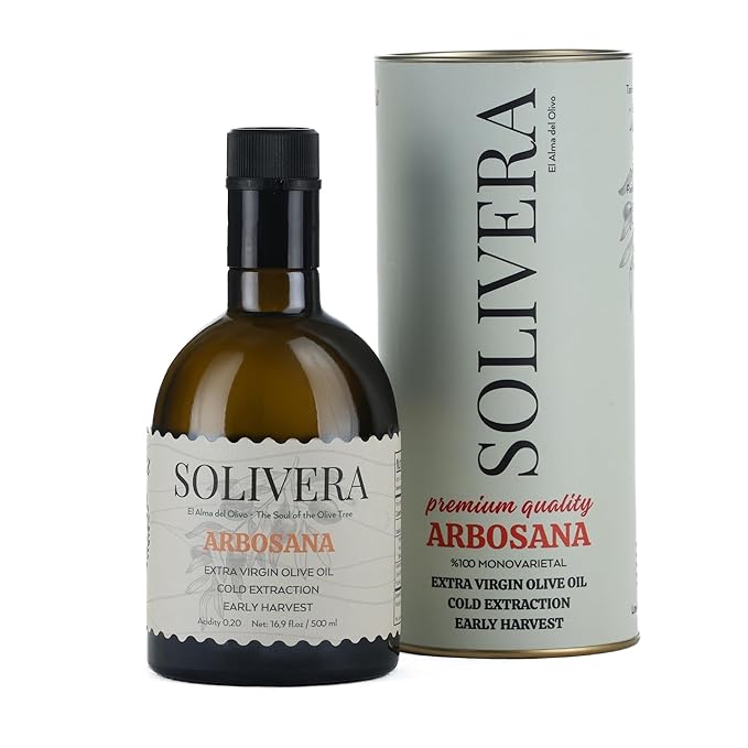 Solivera Arbosana Extra Virgin Olive Oil Cold Pressed 300+ High Polyphenols, Smooth Creamy & Nutty Flavor, Single-Origin Organic Olive Oil, Hand Picked Gourmet Oil - 16.8 fl. oz. (Arbosana)