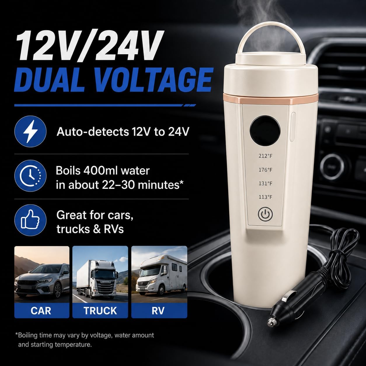 Car Electric Kettle 12V/24V Dual Voltage, Portable Travel Electric Kettle for Road Trips, Mini Small Water Boiler with 4 Temp Control, 316 Stainless Steel,16oz(Beige)
