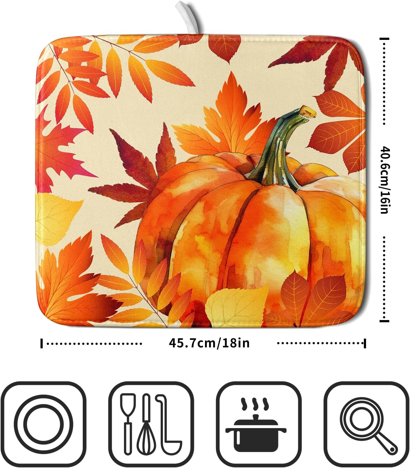 Autumn Pumpkin Maple Leaf Dish Drying Mat for Kitchen Counter,Thanksgiving Fall Holiday Drying Mat with Hanging Loop 16 x 18 Inch Microfiber Dish
