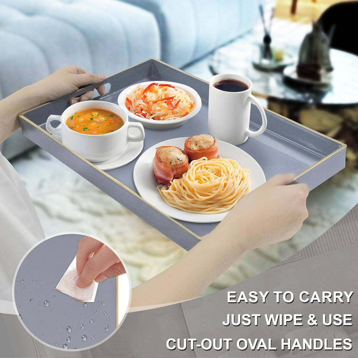 MAONAME Gray Serving Tray with Handles, Modern Grey Decorative Tray for Coffee Table, Plastic Rectangular Gray Trays for Ottoman, Bathroom, Decor, 15.8” x 10.2” x1.4