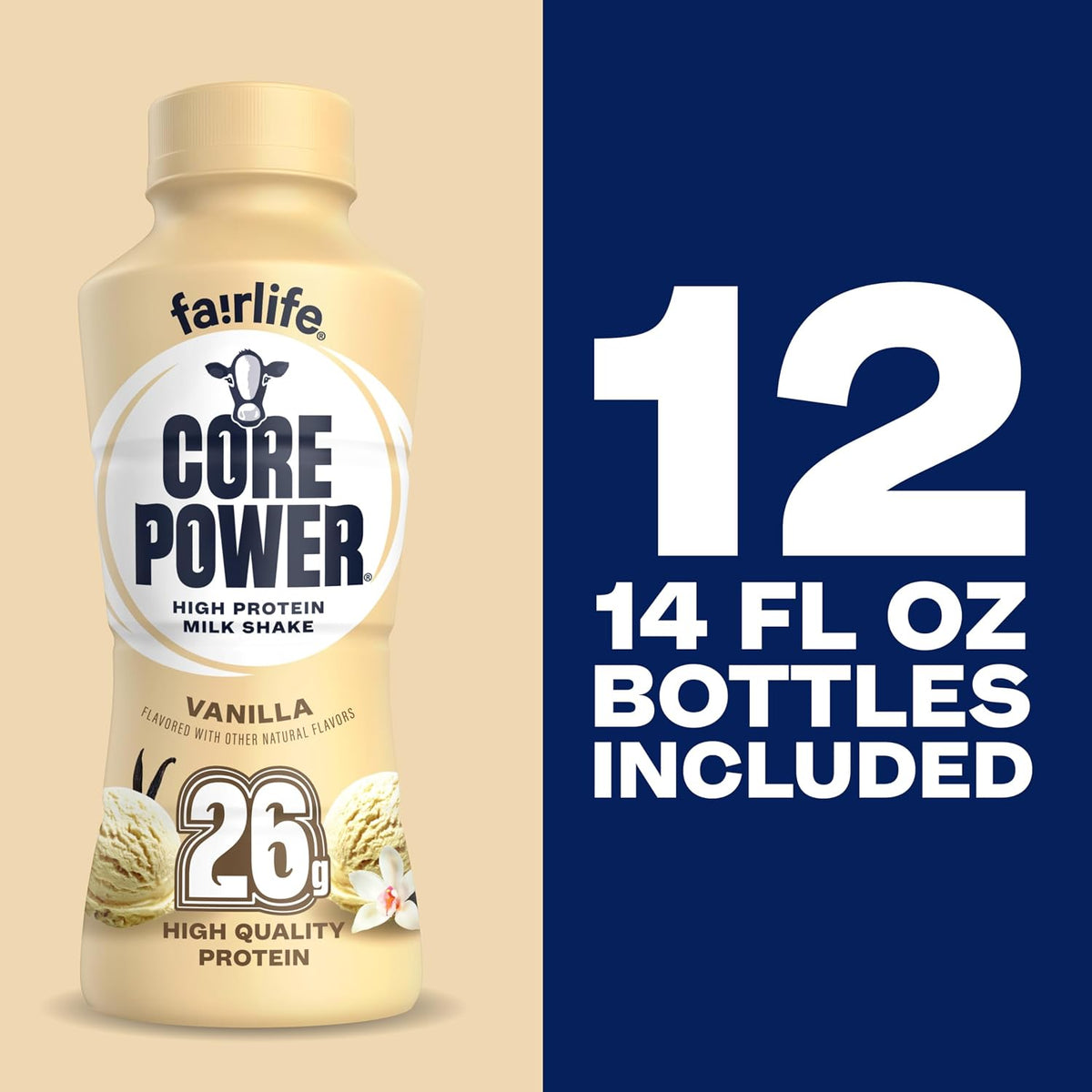 Core Power Fairlife 26g Protein Milk Shakes, Ready To Drink for Workout Recovery Liquid, Vanilla, 14 Fl Oz Bottle, kosher (Pack of 12)