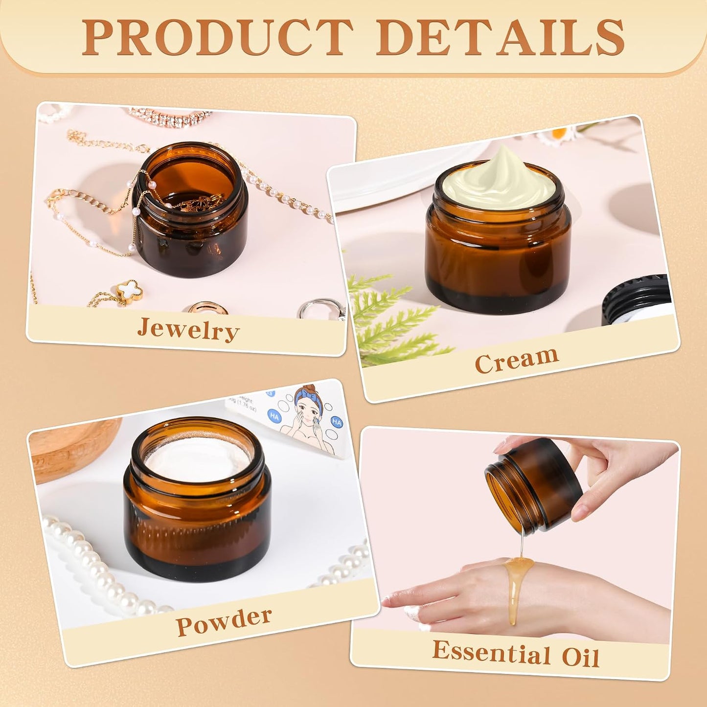 Glass Jars with Lids,Eco-Friendly Cosmetic Containers with Airtight Black Lids &amp; Liners, Multi-Color Options for Cream, Lotion, Body Butter, DIY Skincare Travel Jars (Amber, 2oz)