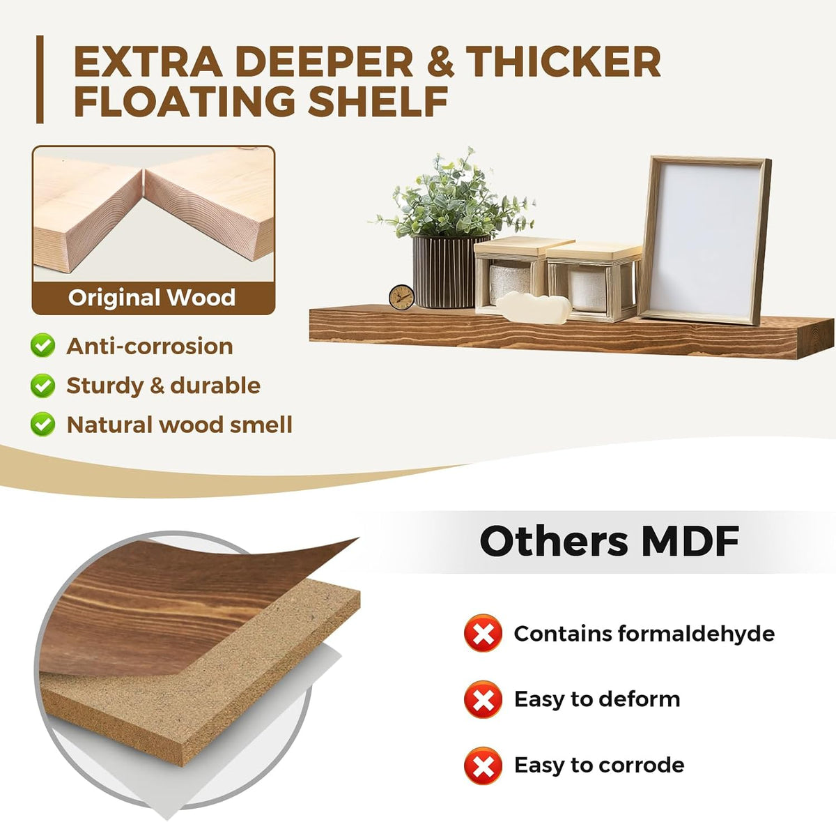Solid Wood Floating Shelves, 36 Inch Wall Shelves, Set of 2, Brown