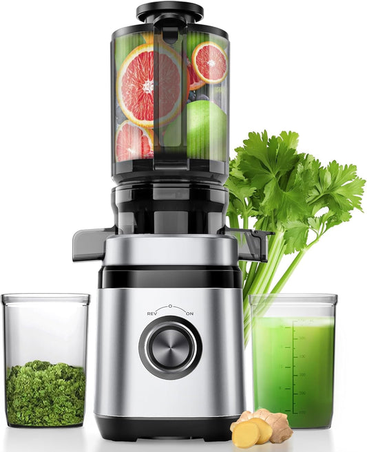 Juicer Machines, Cold Press Juicer with 4.41" Wide Feed Chute, 350W Slow Masticating Juicers for Whole Vegetables & Fruits, High Juice Yield, Easy to Clean, Large Auger, Silver