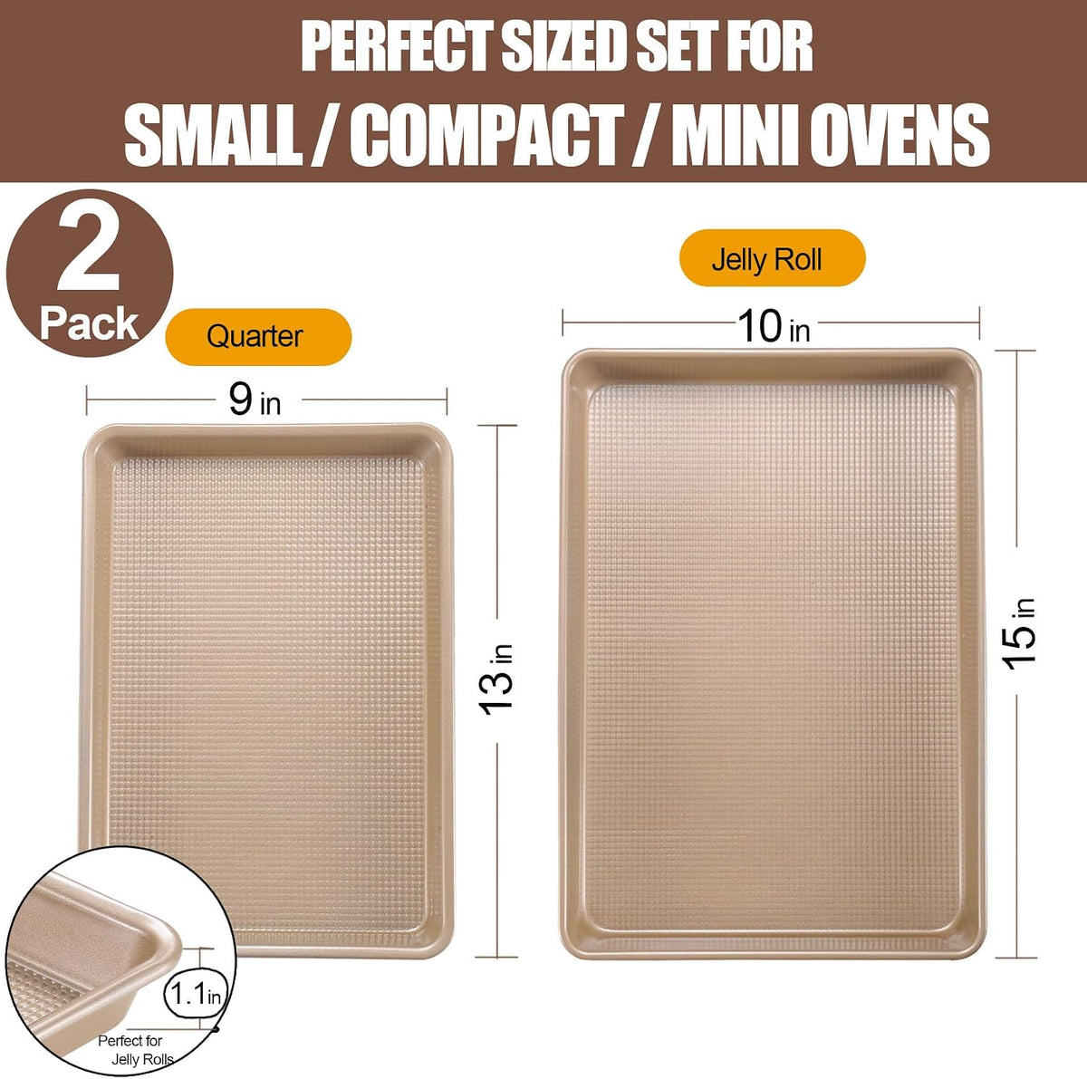 Cookie Sheets for Baking Nonstick, 2 Pack Heavy Duty 0.8mm Baking Sheet Pan Set Quarter(9x13in) &amp; Jelly Roll(10x15in) with Diamond Texture, Gold Commercial Grade, Small Oven Safe
