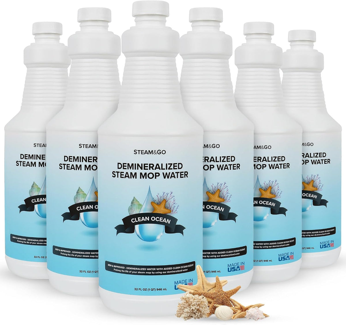 Steam &amp; Go Demineralized Water for Steam Mop – Clean Ocean Scent, 32 oz (Pack of 6) | Scented Floor Cleaner Solution, Ready-to-Use, Compatible with Any Steam Cleaner
