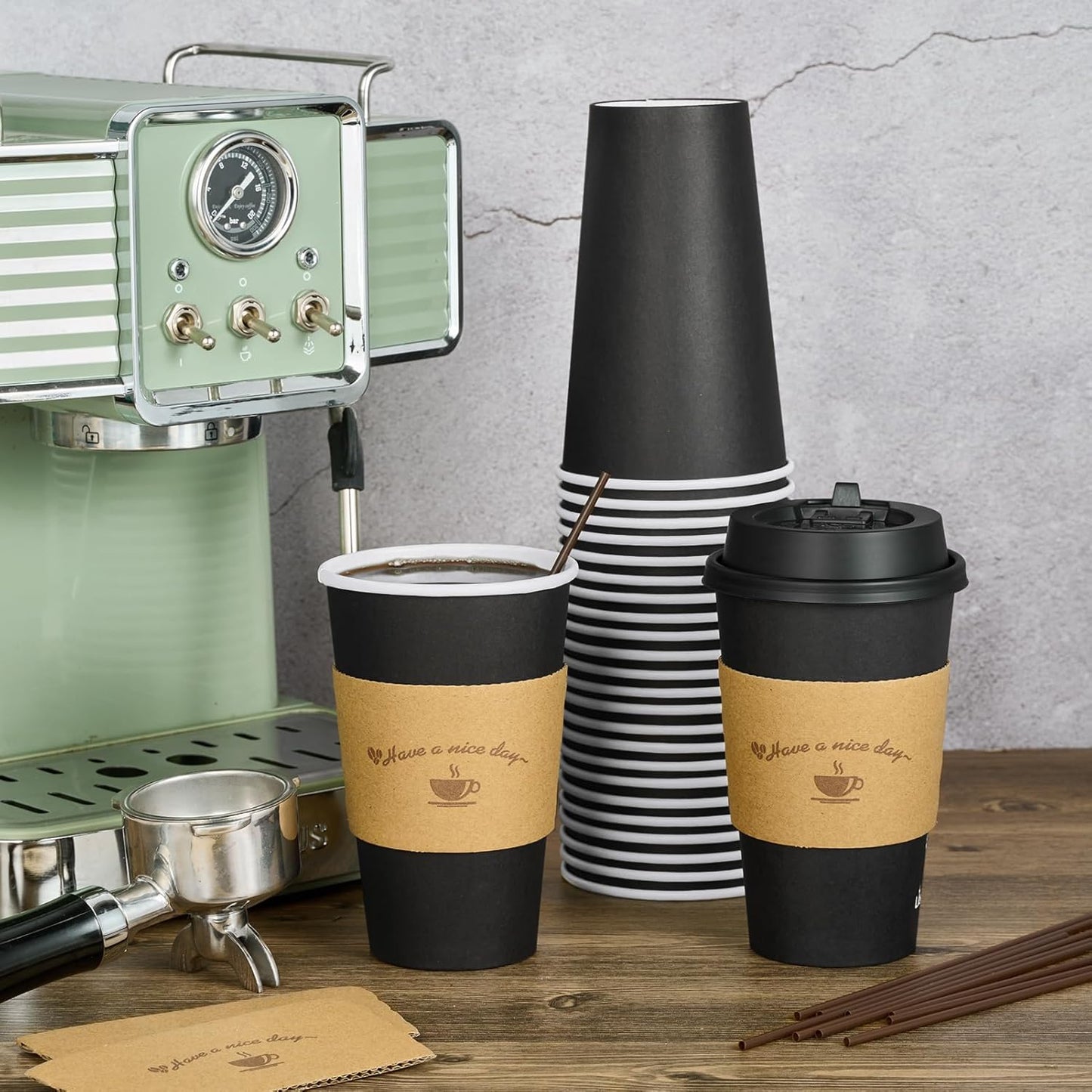 LITOPAK 100 Pack 16 oz Paper Coffee Cups with Lids, Black Disposable Coffee Cups with Lids, Sleeves and Stirring Sticks, for Parties, Picnic, Travel, and Events