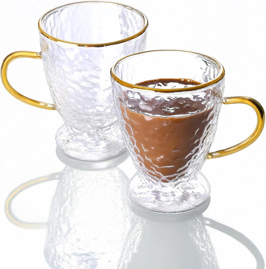 Sister.ly Drinkware, Hammered Double Wall Glass Coffee Cups with Gold Rim and Gold Handle, Insulated Glass Coffee Mugs, Set