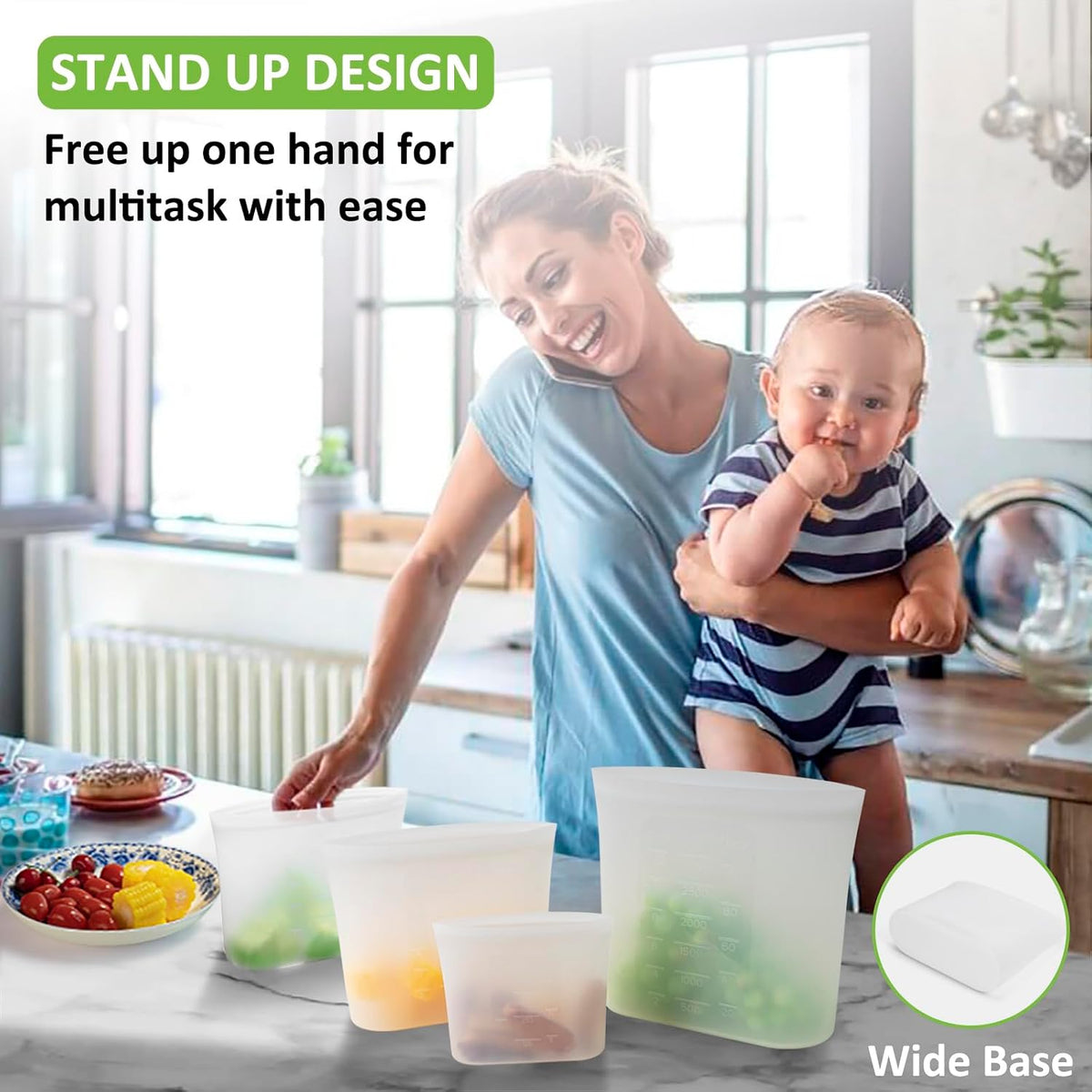 Reusable Storage Bag, 8 Pack 100% Silicone Food Storage Bags Stand Up Zip Lock Bags for Food, Freezer Microwave Oven Dishwasher Safe, 2 X-Large(0.8 Gallon) 2 Medium 2 Small 2 X-Small, Translucent