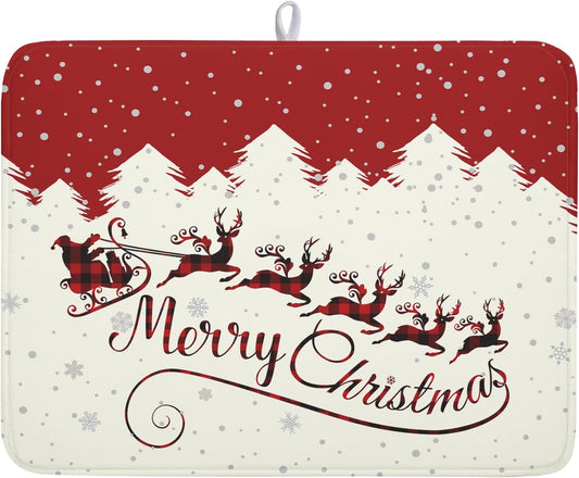 Christmas Moose Dish Drying Mat 18x24 for Winter Santa Claus Kitchen Counter Decor Absorbent Reversible Microfiber Deers Animal Dishes Pad Dish Drainer Rack Mats Kitchen Accessories