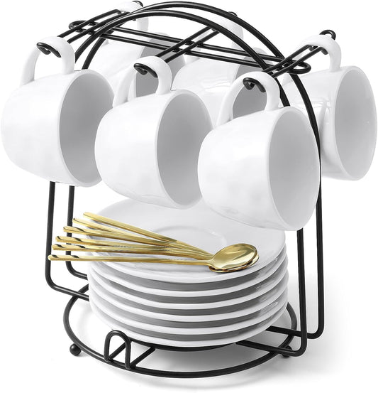 Yedio 4 oz Espresso Cups with Saucers and Metal Stand, Spoons, Porcelain Stackable Coffee Cups, Demitasse Cups, Perfect for