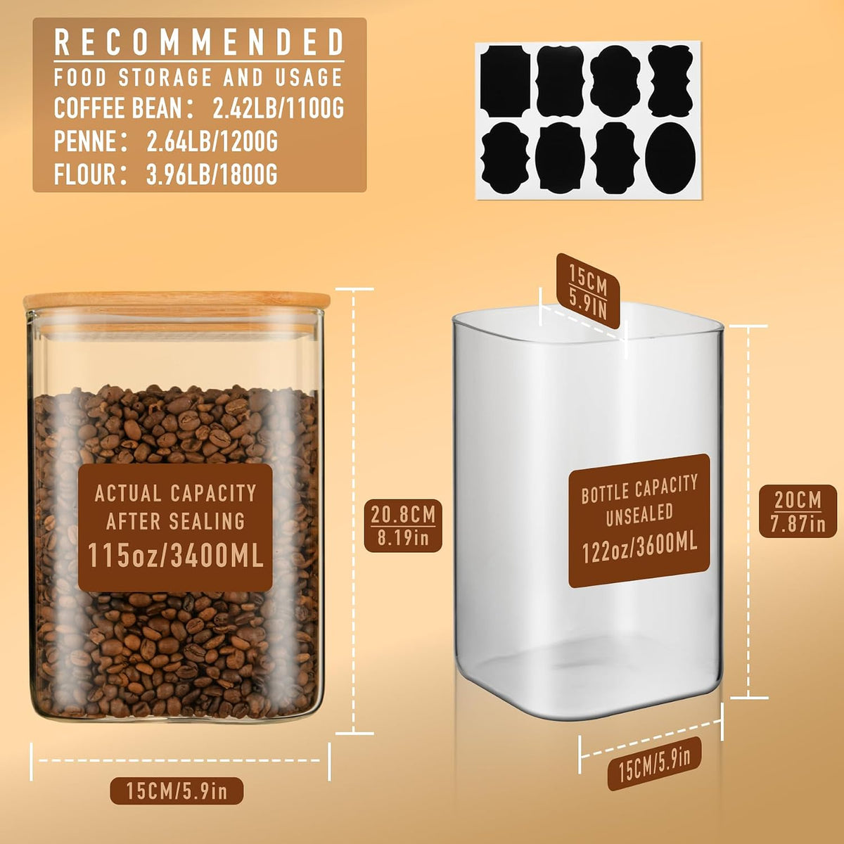 D2scrma 115oz Airtight Glass Square Storage Canister with Bamboo Lid Set of 1 (3400ml) Gallon Glass Jars Large Kitchen Canister for Sugar, Flour, Cookies and Coffee beans (‎with Black Lable)