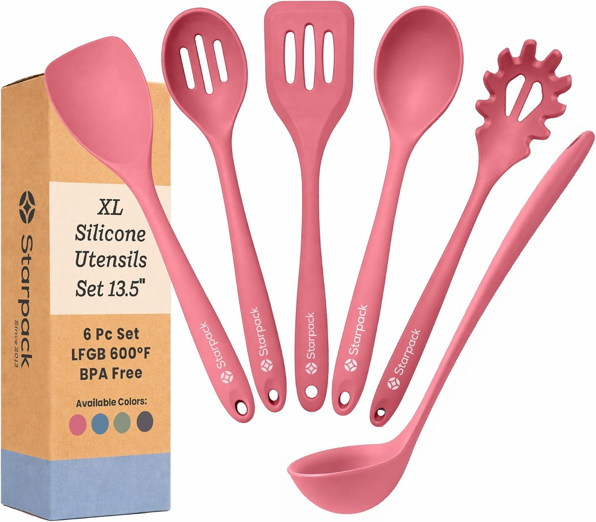 Starpack Like a Boss XL Silicone Cooking Utensils Set (6-Piece, 13.5") - LFGB Certified, 600°F Heat Resistant, BPA-Free - Heavy-Duty Steel Core, Dishwasher Safe - for Nonstick Cookware, Earthy Pink