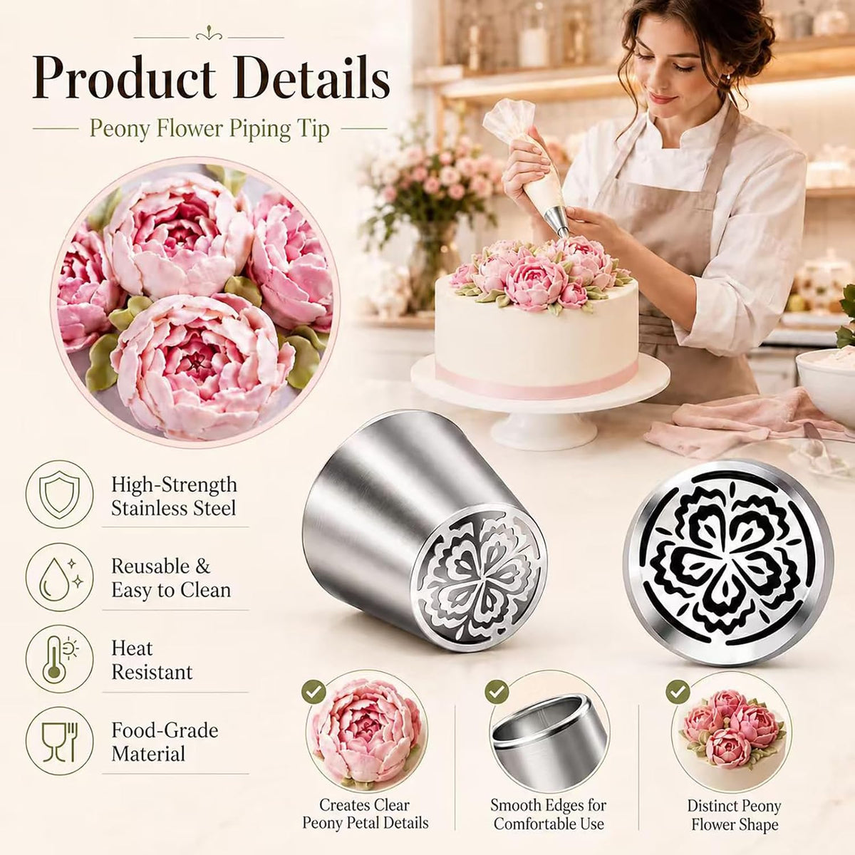4pcs Russian Piping Tips Set Extra Large Stainless Steel Flower Icing Nozzles One Step Peony Carnation Dahlia Rose Tips for Cake Decorating ButtercreamCupcake Baking Supplies for Beginners1