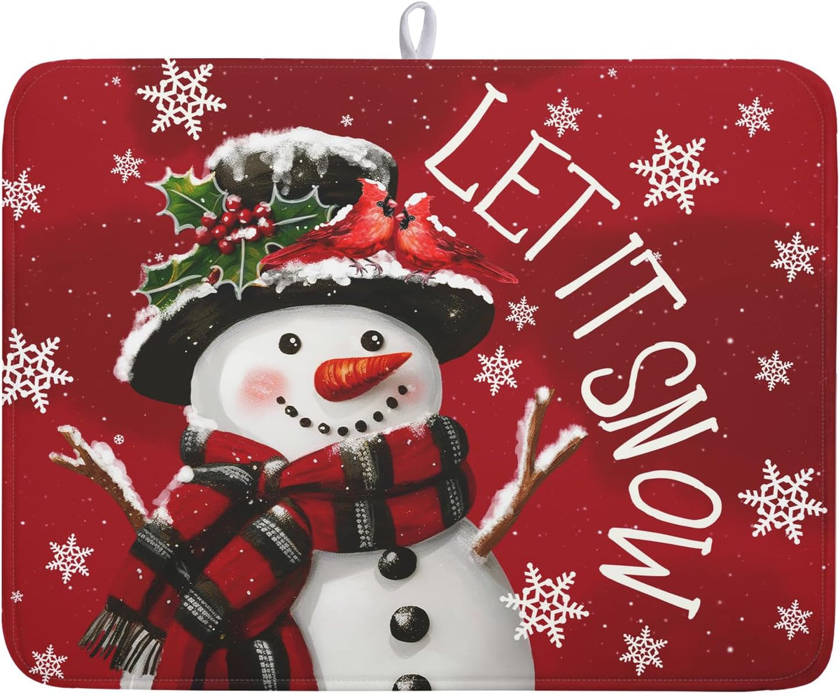 Winter Snowman Dish Drying Mat for Kitchen Counter 18x24 Inch Christmas Dish Draining Mat Xmas Snowflakes Decorations Fast