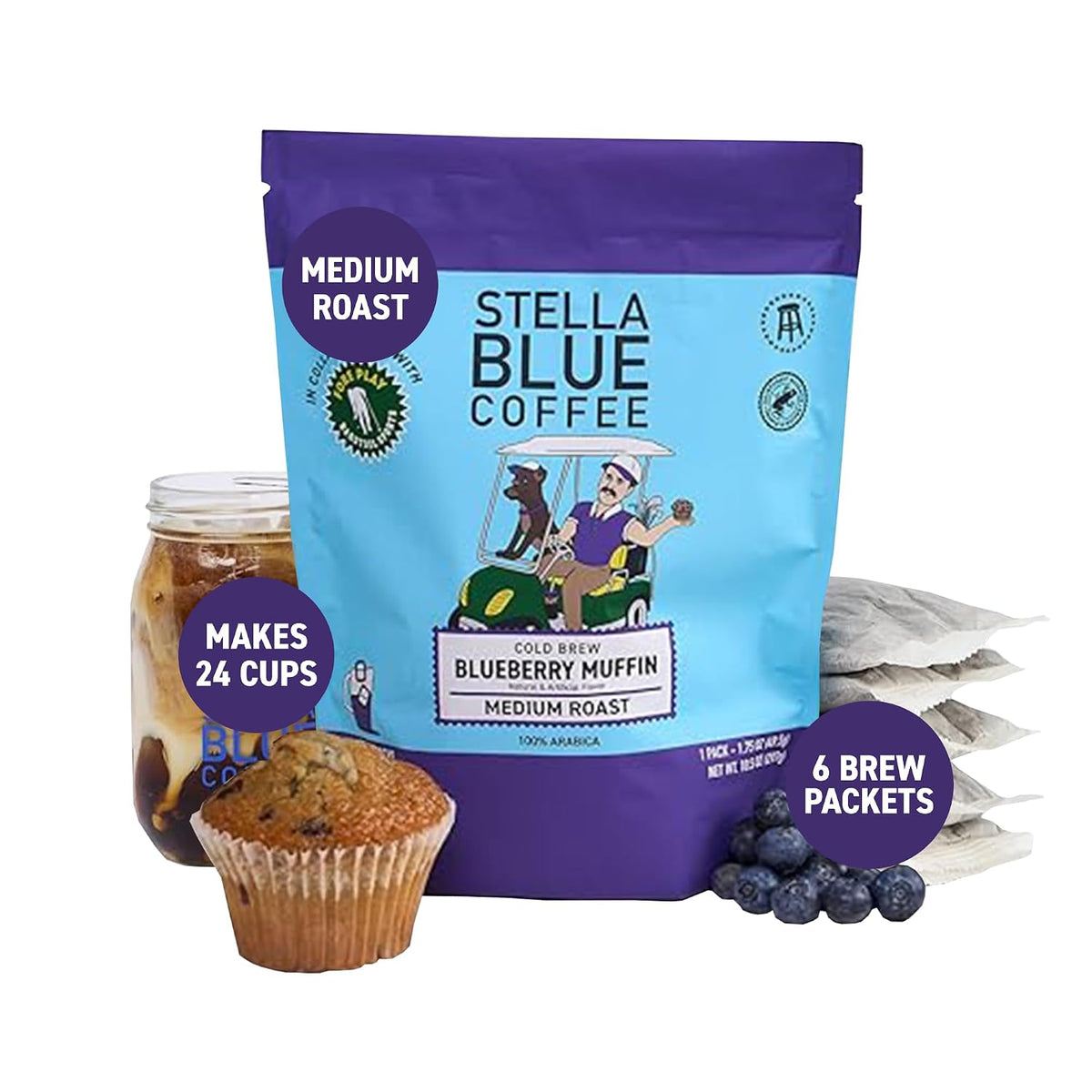 Cold Brew Coffee Bags, Blueberry Muffin, Medium Roast, Ground Coffee | Stella Blue Coffee, 6 Packets, Arabica, Rainforest Alliance Certified, Smooth Bold Finish, Ethically Sourced, Makes 24 Cups