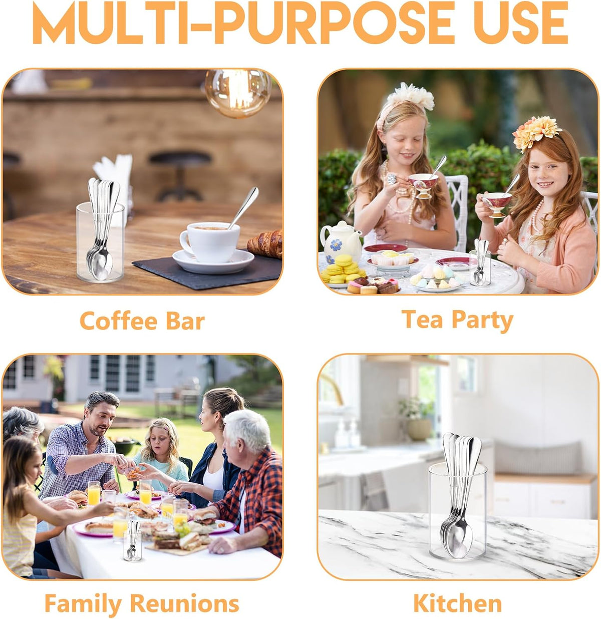 6 Pcs Mini Coffee Spoons with Holder 4.7 inch Demitasse Espresso Stainless Steel Spoons Silver with Acrylic Cylinder Holder