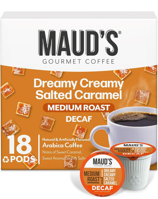Maud's Decaf Salted Caramel Flavored Coffee Pods, 18 ct, Decaffeinated Medium Roast Flavored Coffee in Recyclable Single