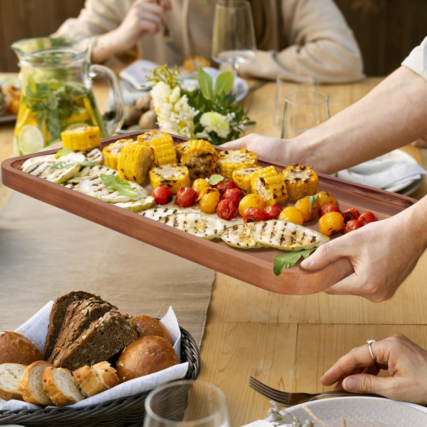 16" x 10" Rectangle Serving Trays Wooden Charcuterie Boards Rectangular Large Serving Platters for Cookie, Snack, Appetizer, Dessert, Party Food Dish Acacia Wood Kitchen Platter Tray Cheese Board