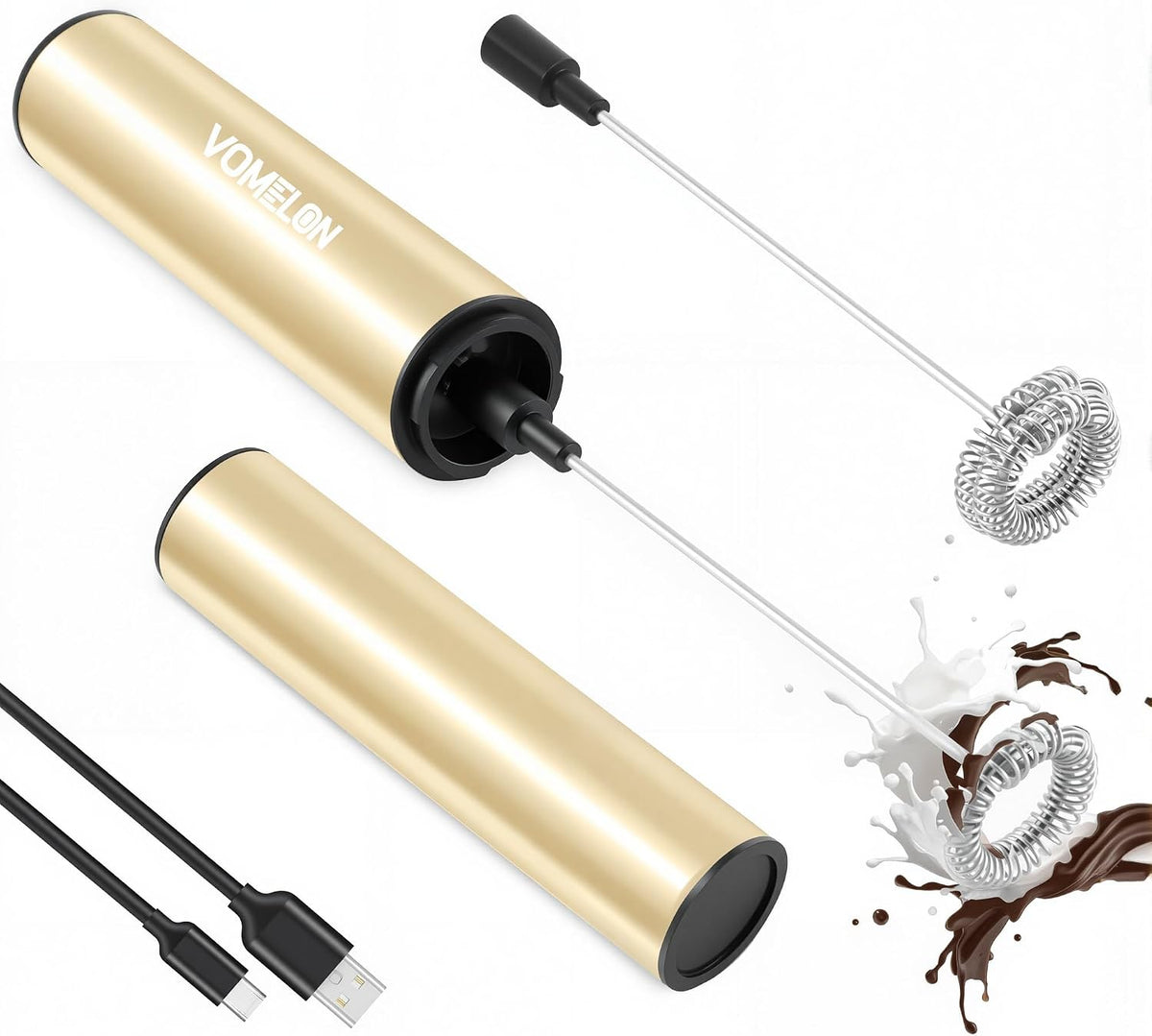 Rechargeable Milk Frother Handheld Electric Frother Wand Milk Foamer Drink Mixer for Coffee, Lattes, Cappuccino, and Egg, Stainless Steel for Travel-Beige