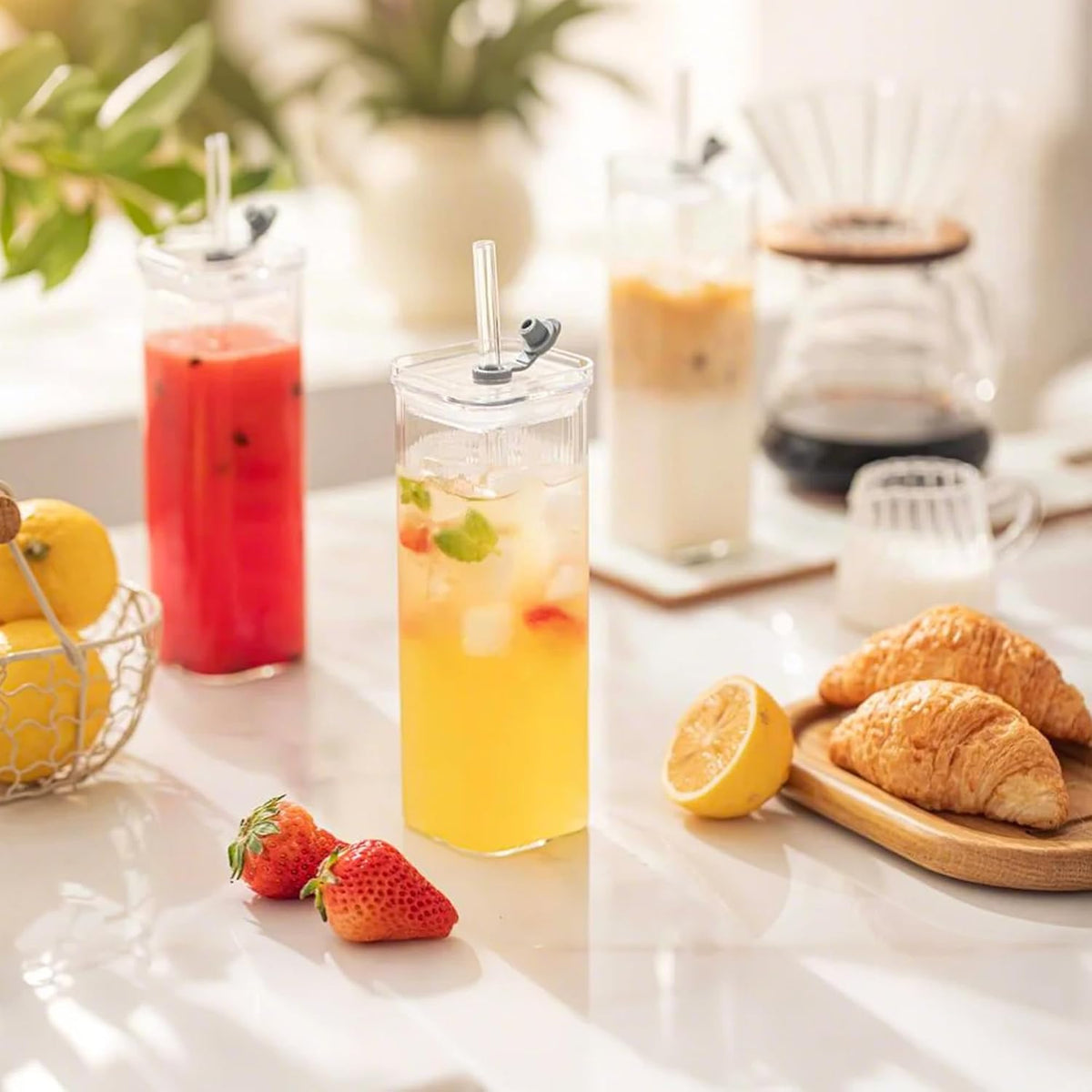 KEMORELA 6 Sets Square Drinking Glass Cups, Old Fashioned Glasses, 17 Oz Square Glasses, Clear Highball Modern Glassware Tumbler Mixed Drinkware with Straws for Cocktail Coffee Juice(Square-6PCS)